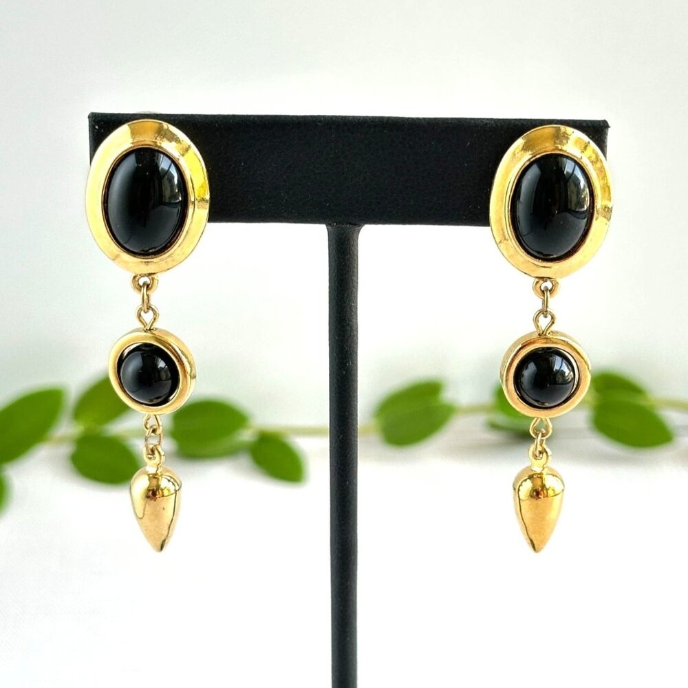 Trifari Pierced Earrings, 80s Gold and Black Cabochons